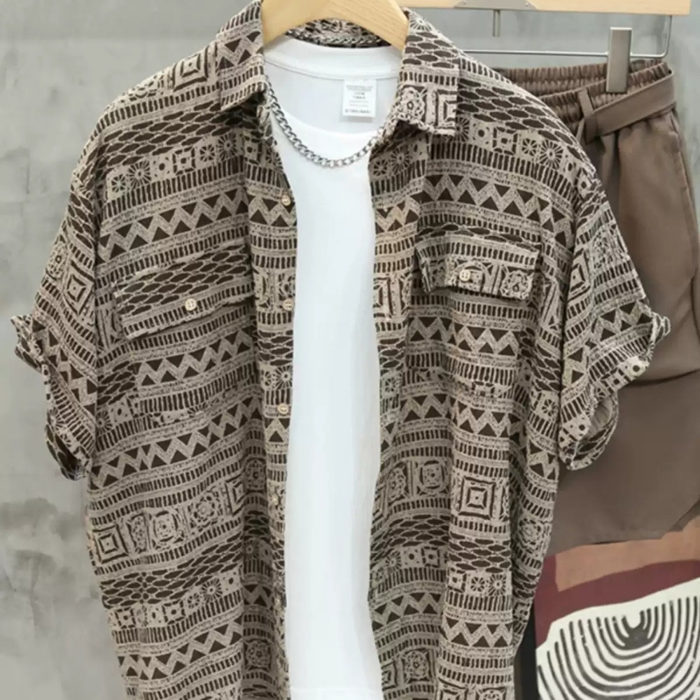Tribal Geometric Patterned Short Sleeve Shirt
